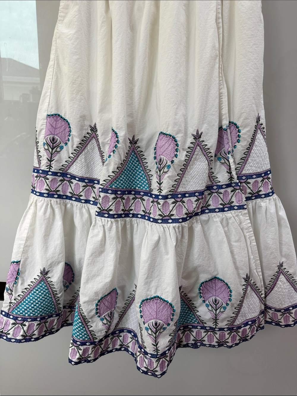 Anthropology White Embroidered Tiered Skirt with Purple & Teal Accents - Picture 2 of 7